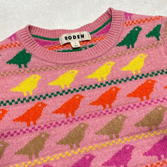 Boden Edie Fair Isle Sweater Pink Colorful Bird Animal Print Crew Neck Jumper - Picture 4 of 15